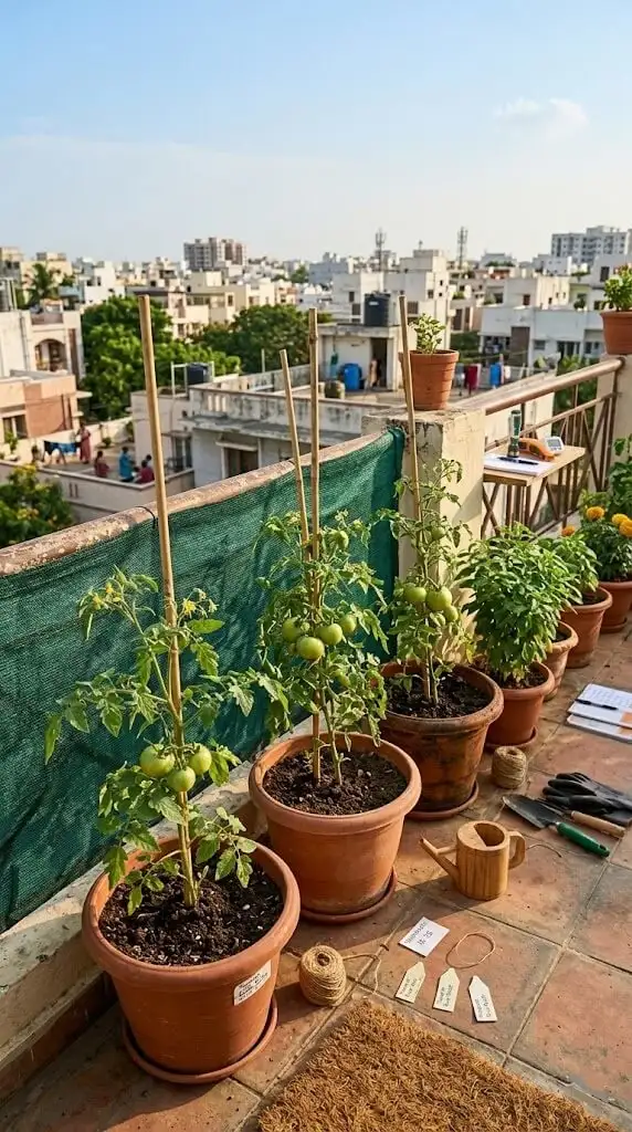Rajan's Chennai south-facing 5th floor terrace with shade cloth installed and Pusa Ruby tomatoes fruiting for first time