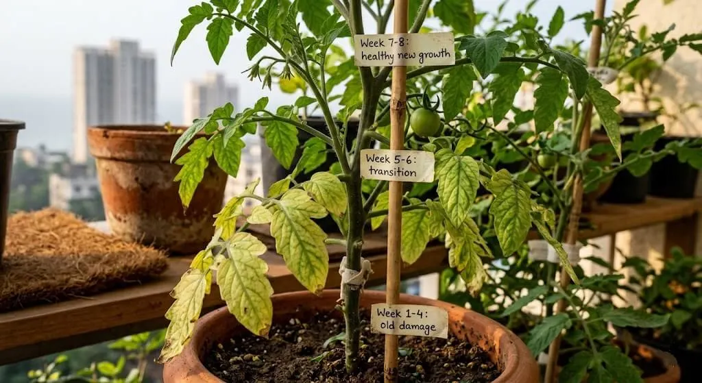 Tomato plant showing transition from pale yellow leaves below to new healthy dark green growth above, labelled timeline showing weeks 1-4 to weeks 5-8 transition after pH correction
