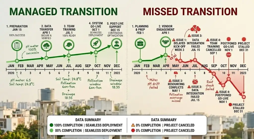 Recovery timeline showing what gardeners with managed vs missed transition see week by week