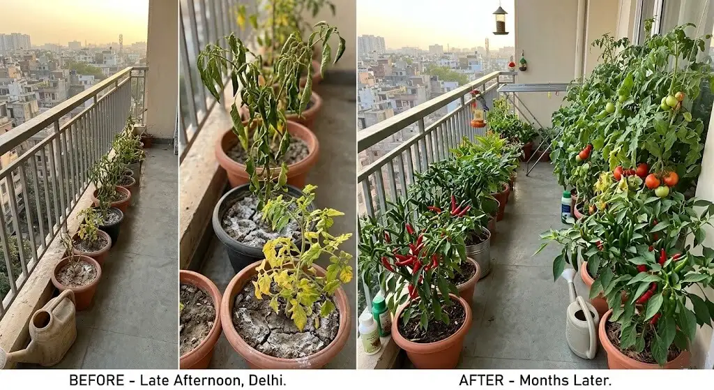 Rekha's Delhi balcony — before showing 5 stressed plants, after showing healthy chilli harvest 2.3kg