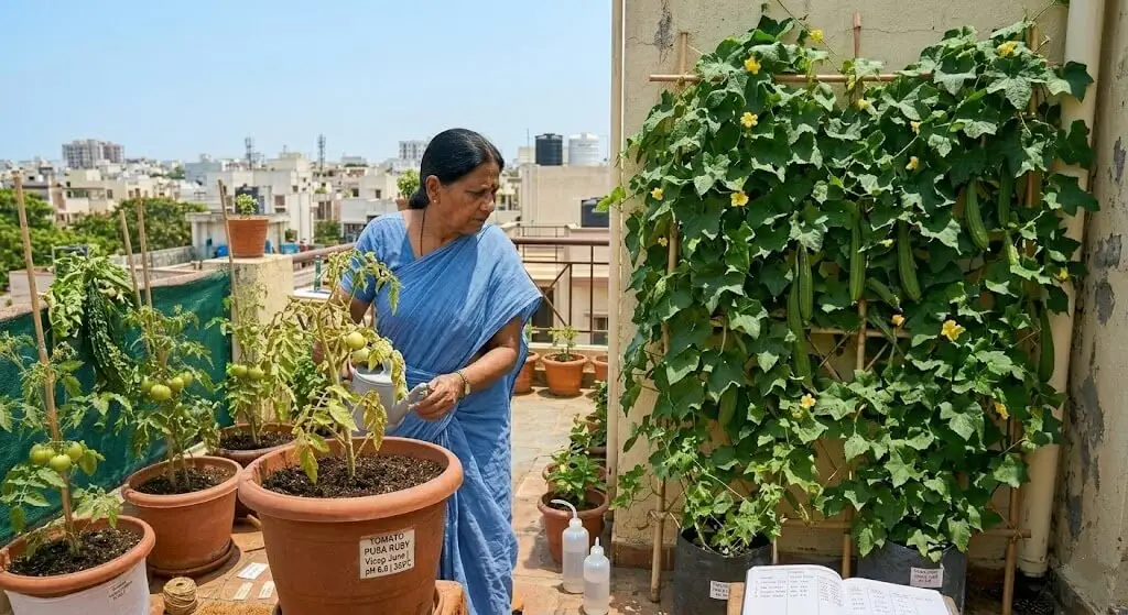 Ridge gourd vine producing abundantly in peak June heat — the June-July hero crop