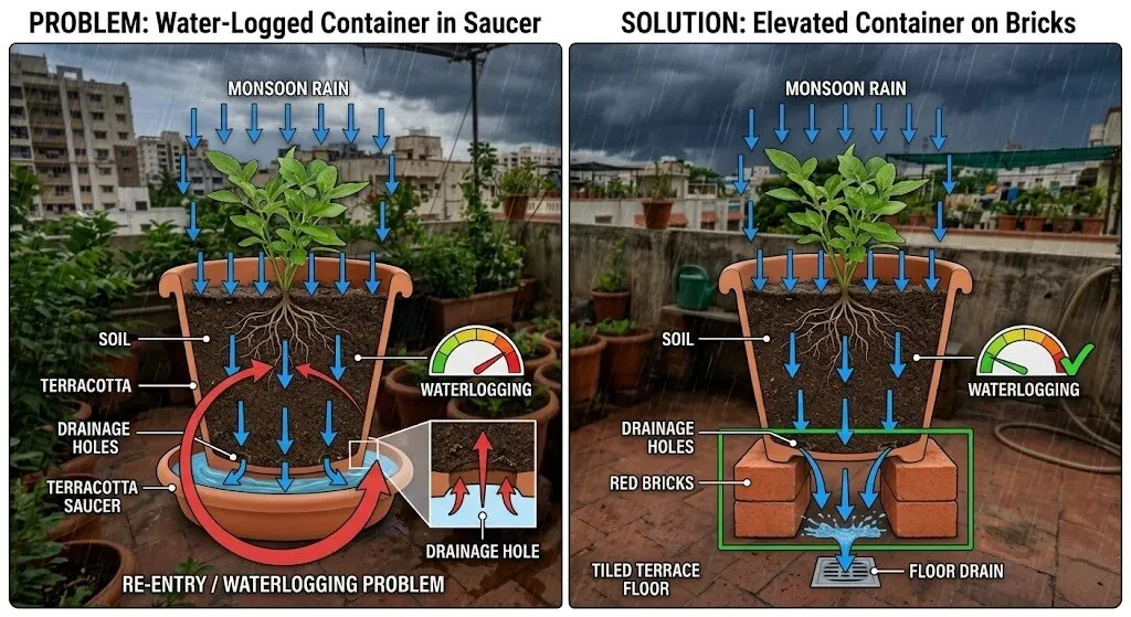 Technical cross-section diagram of a container in a saucer during monsoon rain. Rain arrows falling into container. Water draining through drainage hole. Saucer filling up. Arrow showing water re-entering through drainage hole from below. Red circle around the problem area. Green alternative: same container elevated on bricks with drainage falling freely to terrace.