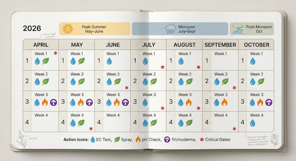 April–October integrated prevention calendar — colour-coded monthly action chart for Indian container gardens