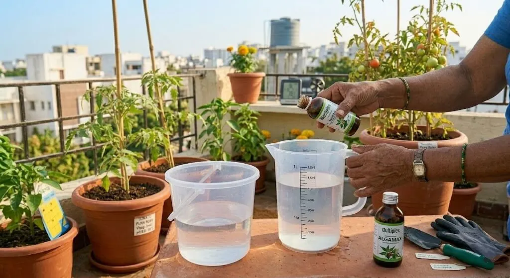 Multiplex Algamax seaweed extract being measured and applied as morning root-zone drench