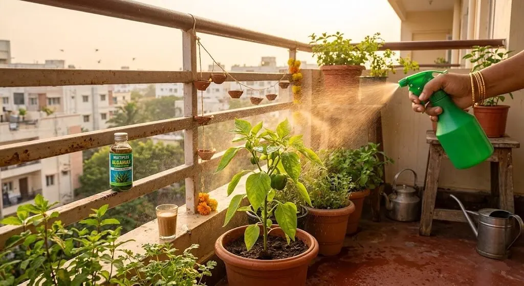 Morning seaweed extract foliar spray on new growth — glistening leaves on Indian balcony at 7 AM