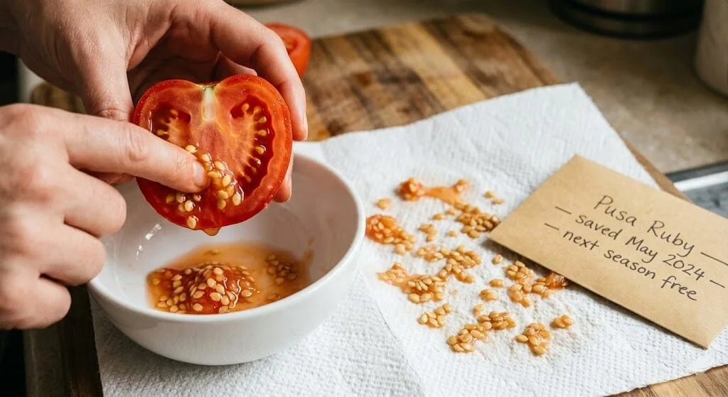 Hands extracting seeds from fully ripe Pusa Ruby tomato, seeds laid on paper towel to dry, paper envelope labelled with variety and date for next season storage