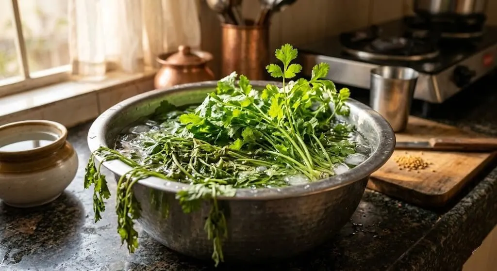Slightly wilted coriander methi herbs reviving in cold water bowl Indian kitchen 30 minutes before water glass storage