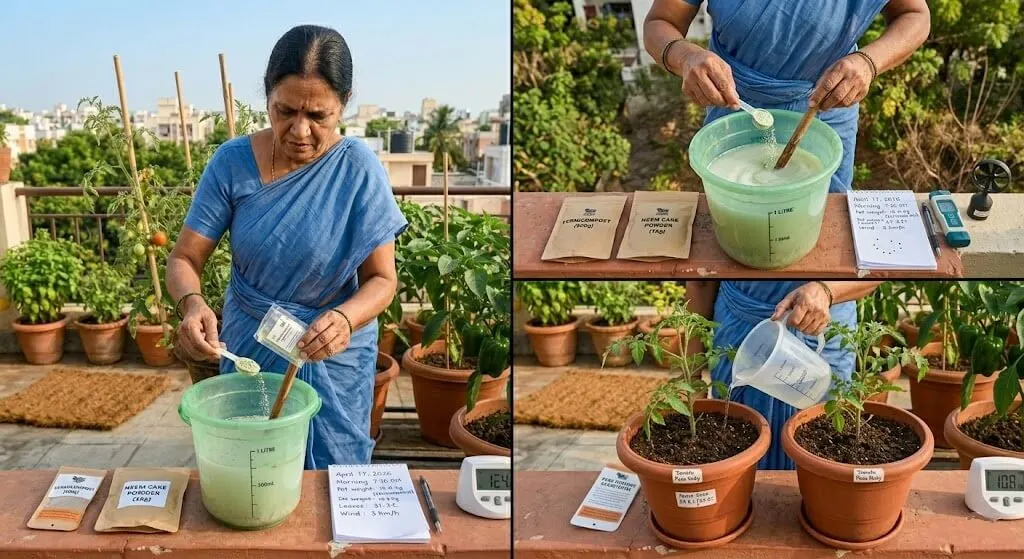 Trichoderma biofungicide being mixed and applied as a morning root-zone drench on terrace containers