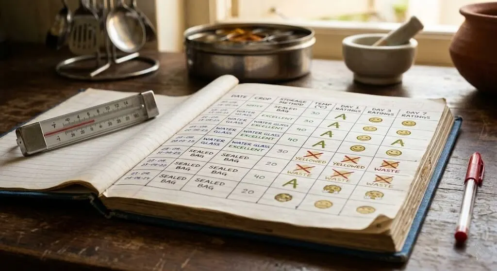 Gardening notebook showing storage comparison data June August 2023 Madanapalle water glass coriander 10 days versus sealed bag 3 days