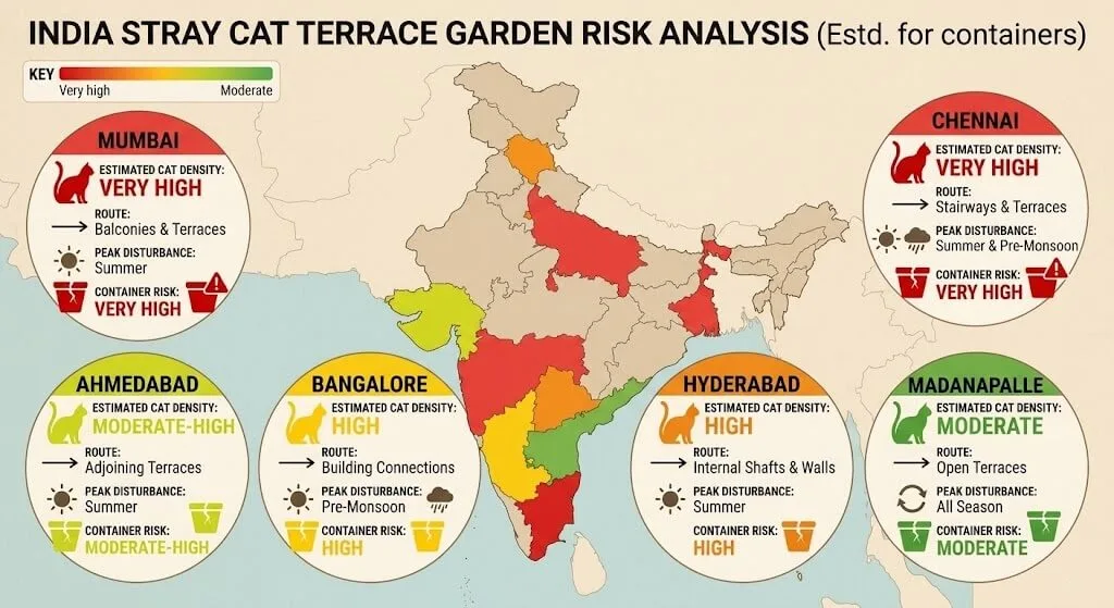 India map showing stray cat population density and container disturbance risk by city Mumbai Chennai very high Bangalore Delhi high Madanapalle moderate