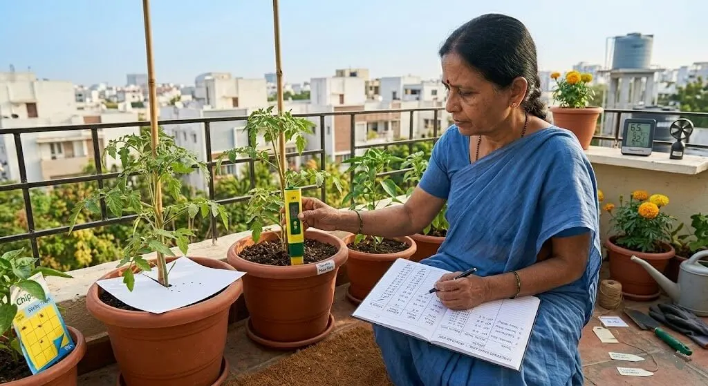 Gardener performing the 49-item Sunday check on terrace in April — instruments and notebook visible