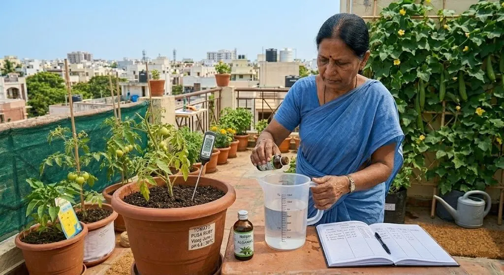 Gardener at 51-item Sunday check — seaweed extract measurement visible for fortnightly application