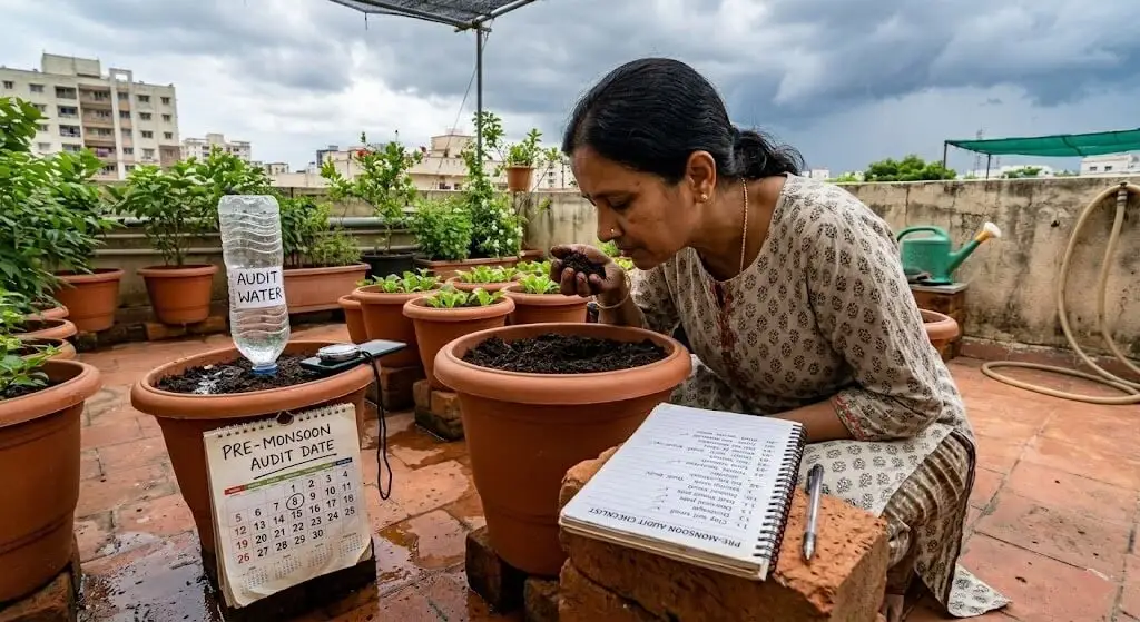Indian woman on terrace with notebook showing 53-item checklist. She is smelling the soil of a container (the smell test check). A 500ml drainage test in progress in another container. A small calendar marking the annual pre-monsoon audit date circled. 