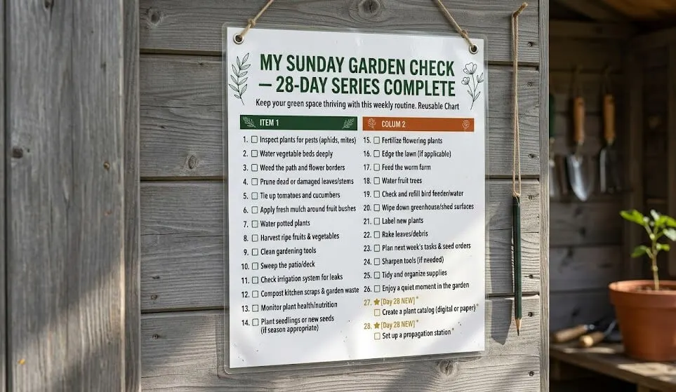 28-item Sunday garden check wall chart — printable checklist for Indian balcony routine