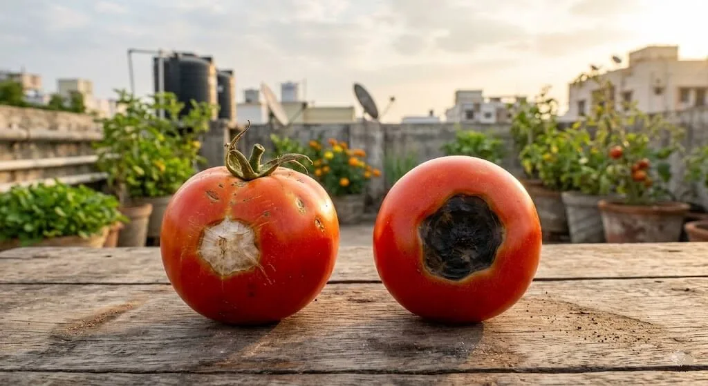 Side-by-side tomato fruit comparison showing sunscald white lateral patch versus blossom end rot dark tip — location is the definitive test