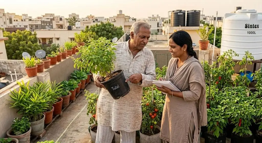 Priya and mentor Suresh examining container on Madanapalle terrace — the moment of insight