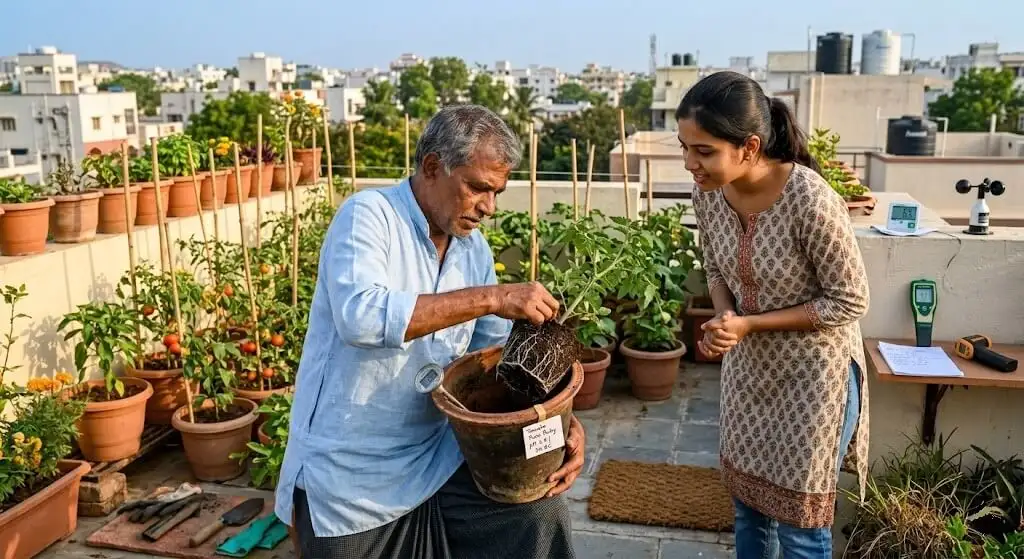 Suresh examining a root ball during an unannounced April terrace visit  discovering pH above 7 and mites
