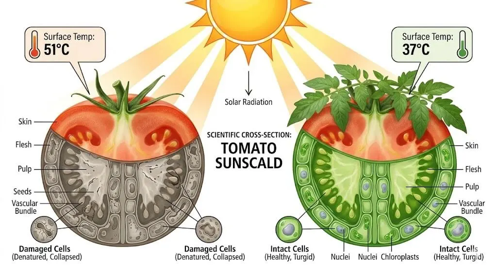 Scientific diagram showing photothermal stress injury mechanism with fruit surface temperature comparison between exposed and shaded fruit Indian terrace