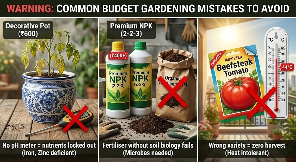 Three mistake scenarios — expensive ceramic pots with no pH meter, commercial liquid fertiliser without vermicompost, imported tomato seeds failing in Indian heat — with X marks