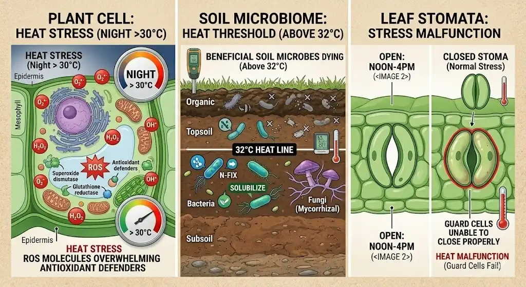 Three accumulated heat stress pathways — ROS, soil biology, stomatal fatigue — illustrated as cellular diagram 