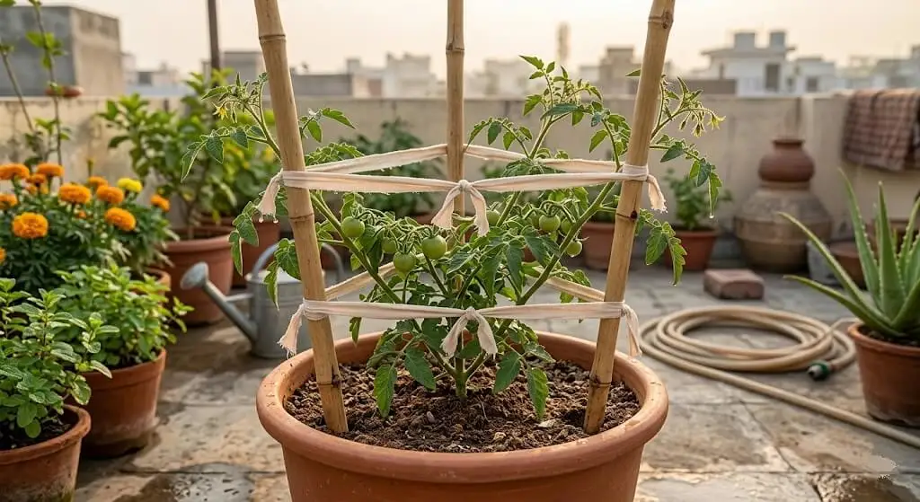 hree bamboo stakes 120 degree intervals around tomato stem Indian terrace three-point staking soft ties loose figure eight wind protection