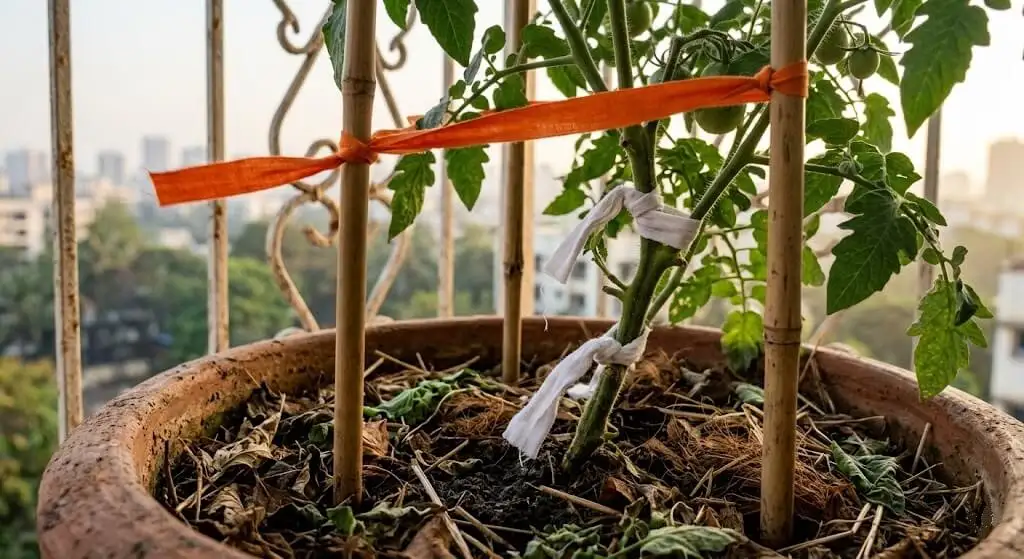 Tomato plant with three bamboo stakes at 10 o'clock, 2 o'clock, 6 o'clock positions, soft cotton ties with 2cm movement gap, cotton ribbon wind indicator attached