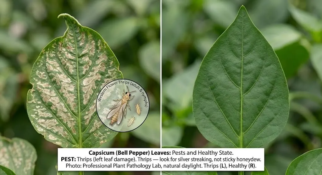 Capsicum leaf showing silver-streaked scarring pattern from thrips feeding, close-up showing distorted new growth at growing tip, comparison with healthy leaf on right