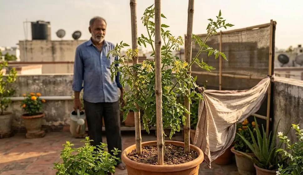 Staked tomato plants Indian high-floor terrace showing improved flower retention upright posture after three-point staking windbreak installation wind