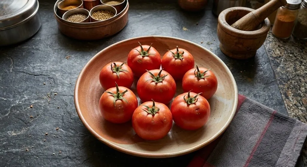 Pusa Ruby tomatoes correctly stored stem side up on wide plate Indian kitchen counter away from direct sun preserving full flavour compounds