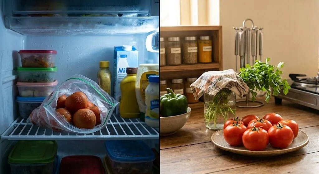 Split view tomatoes in refrigerator wrong storage Indian summer versus tomatoes correctly stored stem up on kitchen counter preserving flavour