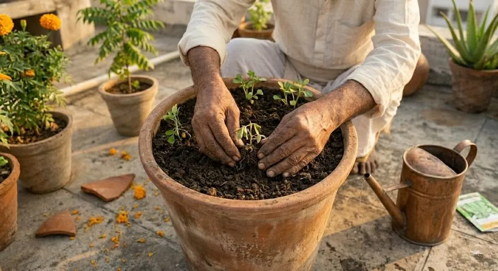 Indian gardener replanting uprooted methi seedling within one hour of discovery Indian summer terrace 40-60% recovery rate if done immediately