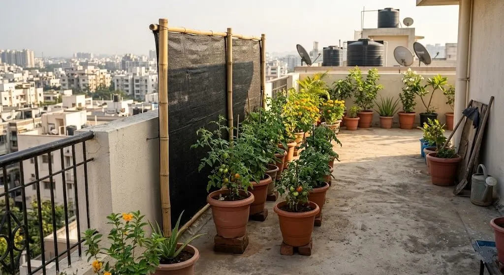 Vertical 50 percent shade cloth windbreak bamboo poles windward parapet Indian apartment terrace 30cm from parapet correct not horizontal installation