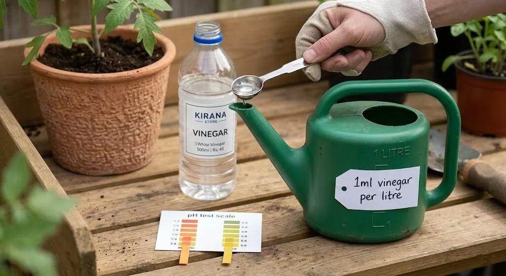 Measuring spoon adding 1ml white vinegar to 1 litre watering can, pH test strip showing before pH 7.9 and after pH 6.9, Delhi municipal tap water context