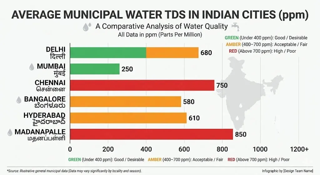 Water TDS reference table for Indian cities — Delhi 750ppm, Chennai 590ppm, Bangalore 290ppm