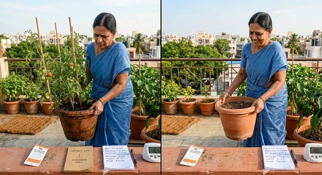 Lift test on 12-inch terracotta pot — comparing morning weight vs afternoon weight to calculate daily water loss 