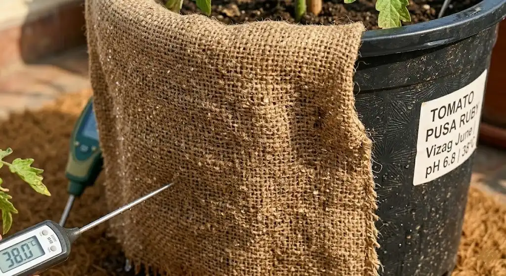 Close-up of wet jute cloth wrapped around south and west faces of container — evaporative cooling technique