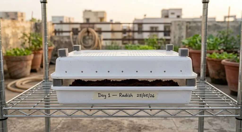 microgreens blackout germination method India — tray stacked for dark germination