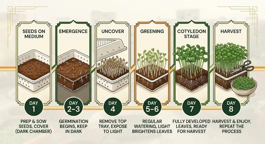 microgreens growth timeline India — radish day 1 to day 8 visual guide