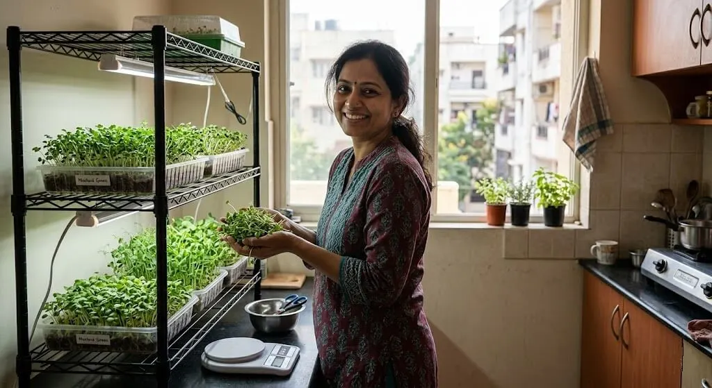 microgreens home business India — Hyderabad apartment grower success story