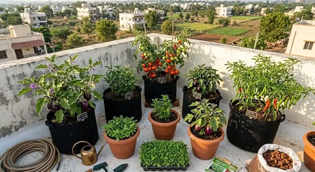 Common Indian balcony garden vegetables in grow bags — tomato chilli methi coriander brinjal okra Madanapalle terrace