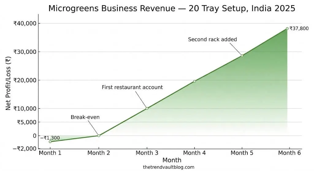 microgreens business ROI India — month by month profit growth chart 6 months