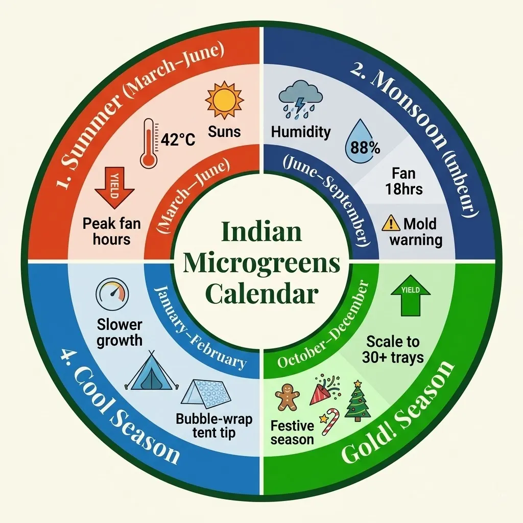 microgreens seasonal guide India — summer monsoon post-monsoon winter growing calendar