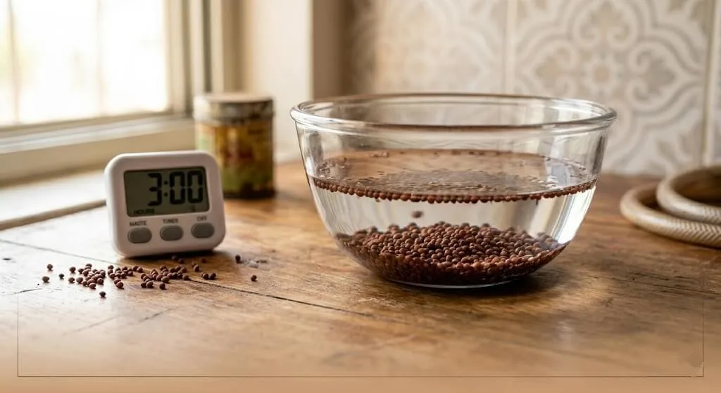 microgreens seed soaking India — radish seeds soaking in glass bowl before sowing