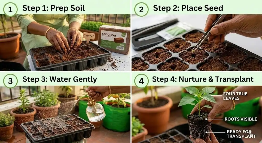 How to start vegetable seeds in India — fill seed tray cocopeat sow seeds water transplant steps balcony garden