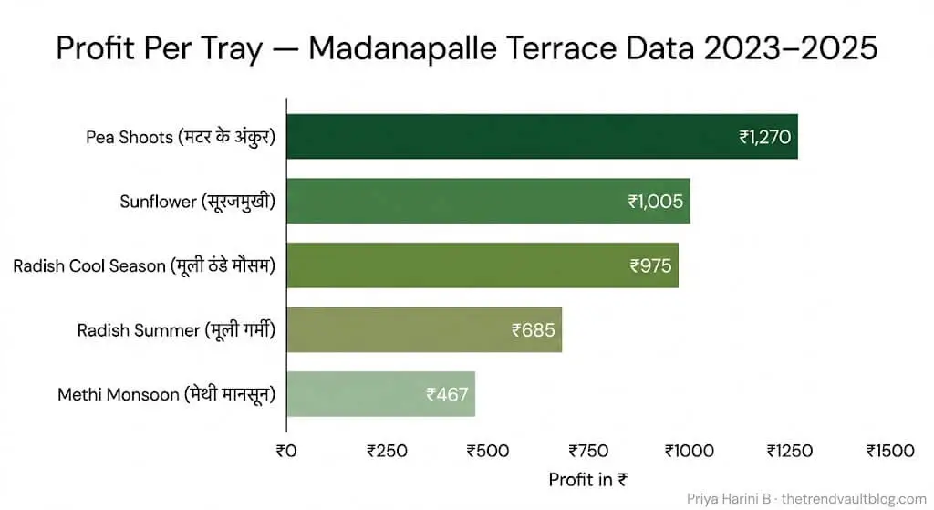 microgreens tray data India — profit per tray radish methi pea shoots Madanapalle 2023-2025