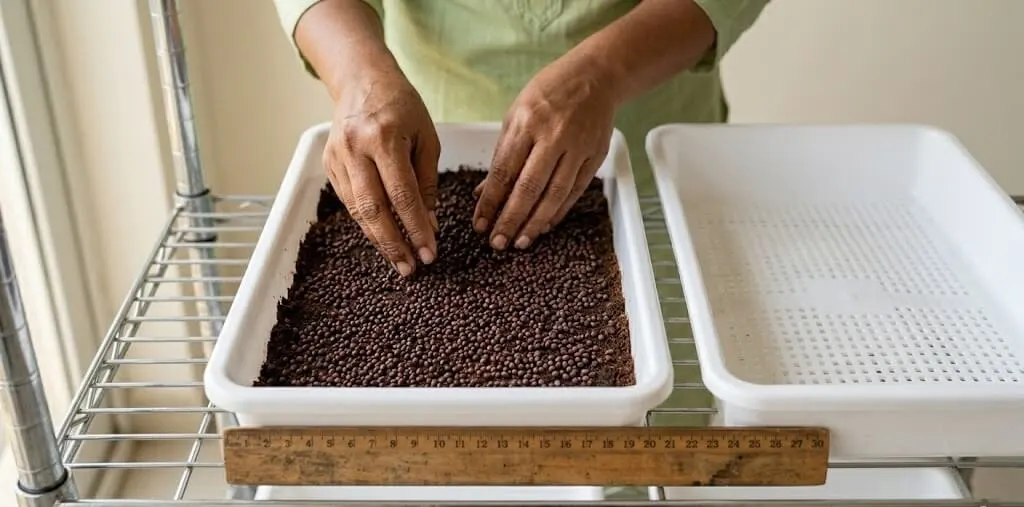 microgreens tray setup India — cocopeat filled tray with radish seeds being spread evenly