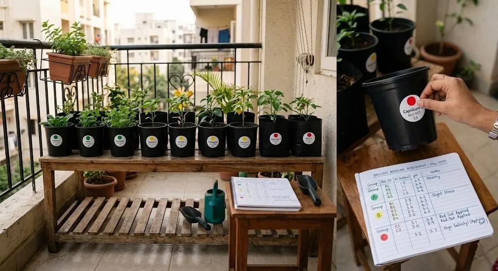Container sorting — Group A green sticker, Group B yellow sticker, Group C red sticker on Indian balcony