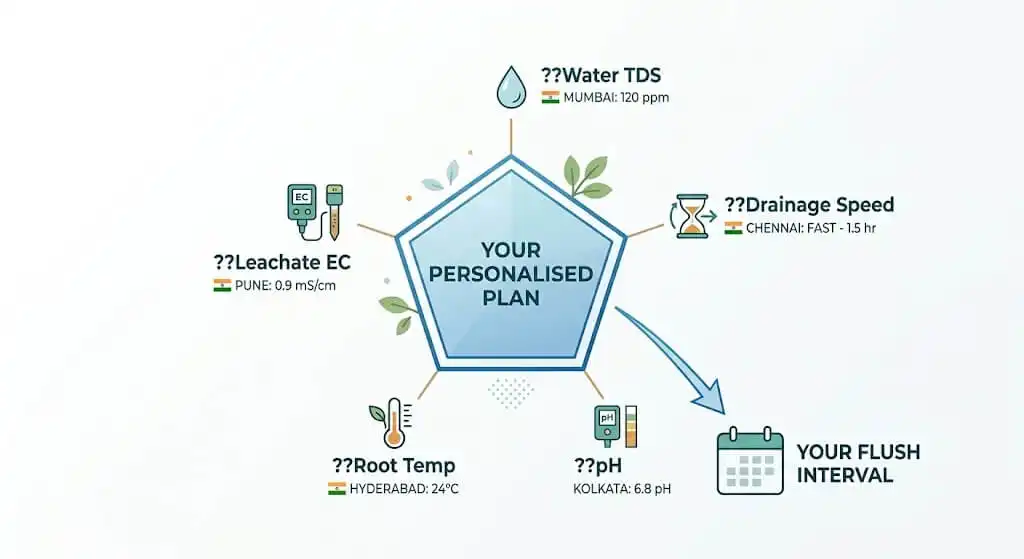 Five-variable assessment diagram showing Water TDS, Leachate EC, Root Temp, Drainage Speed, pH feeding into a personalised plan