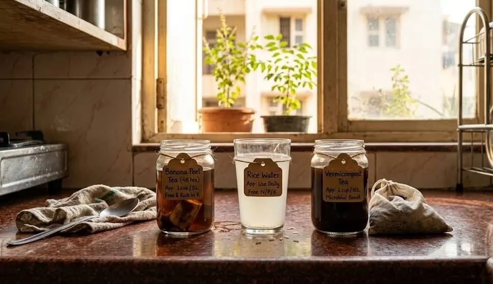 Three free kitchen supplements — banana peel tea, rice water, vermicompost tea — labelled on Indian kitchen counter