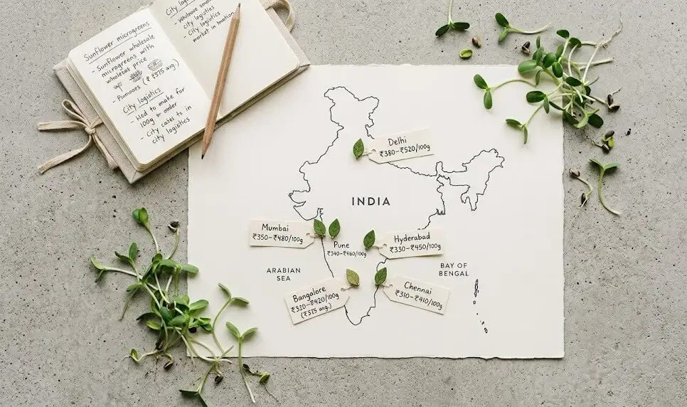 India microgreens market city buyer map — wholesale prices Bangalore Mumbai Delhi Hyderabad Chennai